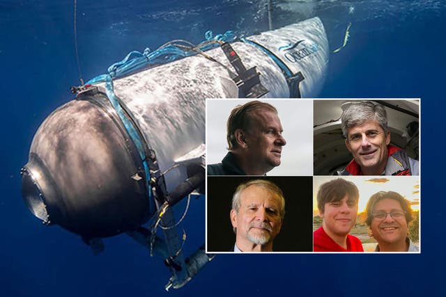 <p>The Titan sub and the five who died: (clockwise from top left: Hamish Harding, Stockton Rush,  Shahzada Dawood and his son Suleman, and Paul-Henri Nargeolet) </p>